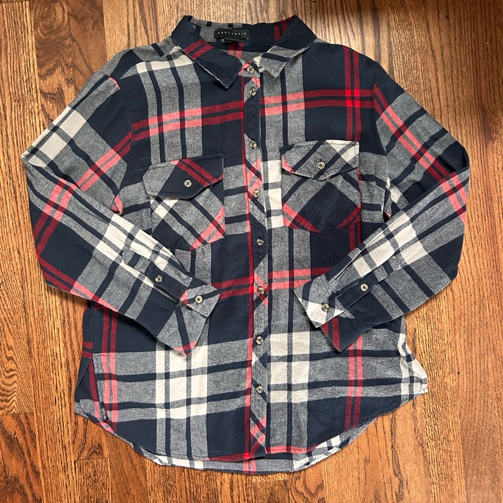 Sanctuary - Size L plaid flannel button down shirt in navy, red, gray